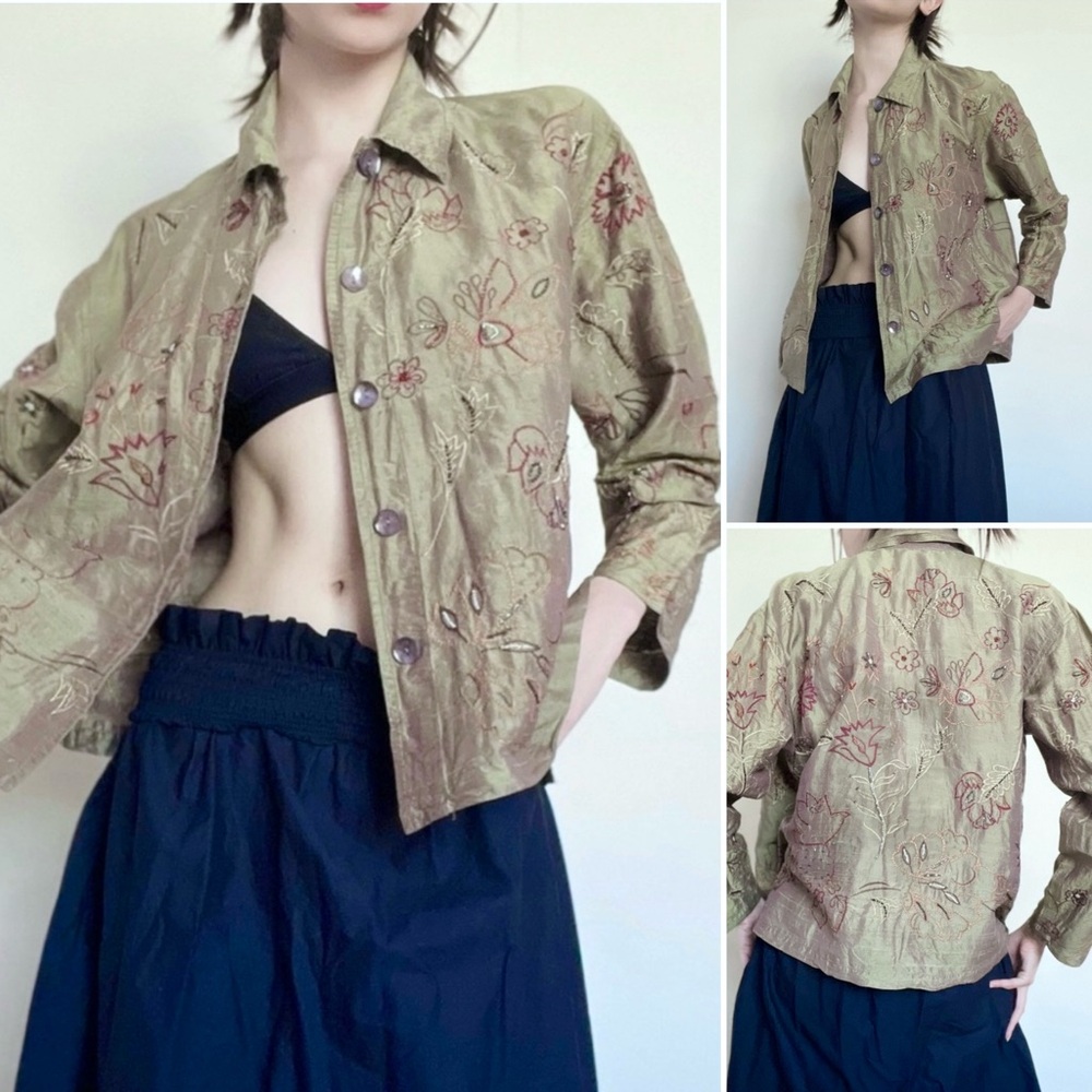 CHICO’S Vintage 100% Silk Jacket Floral Embroidery Beaded Long Sleeves